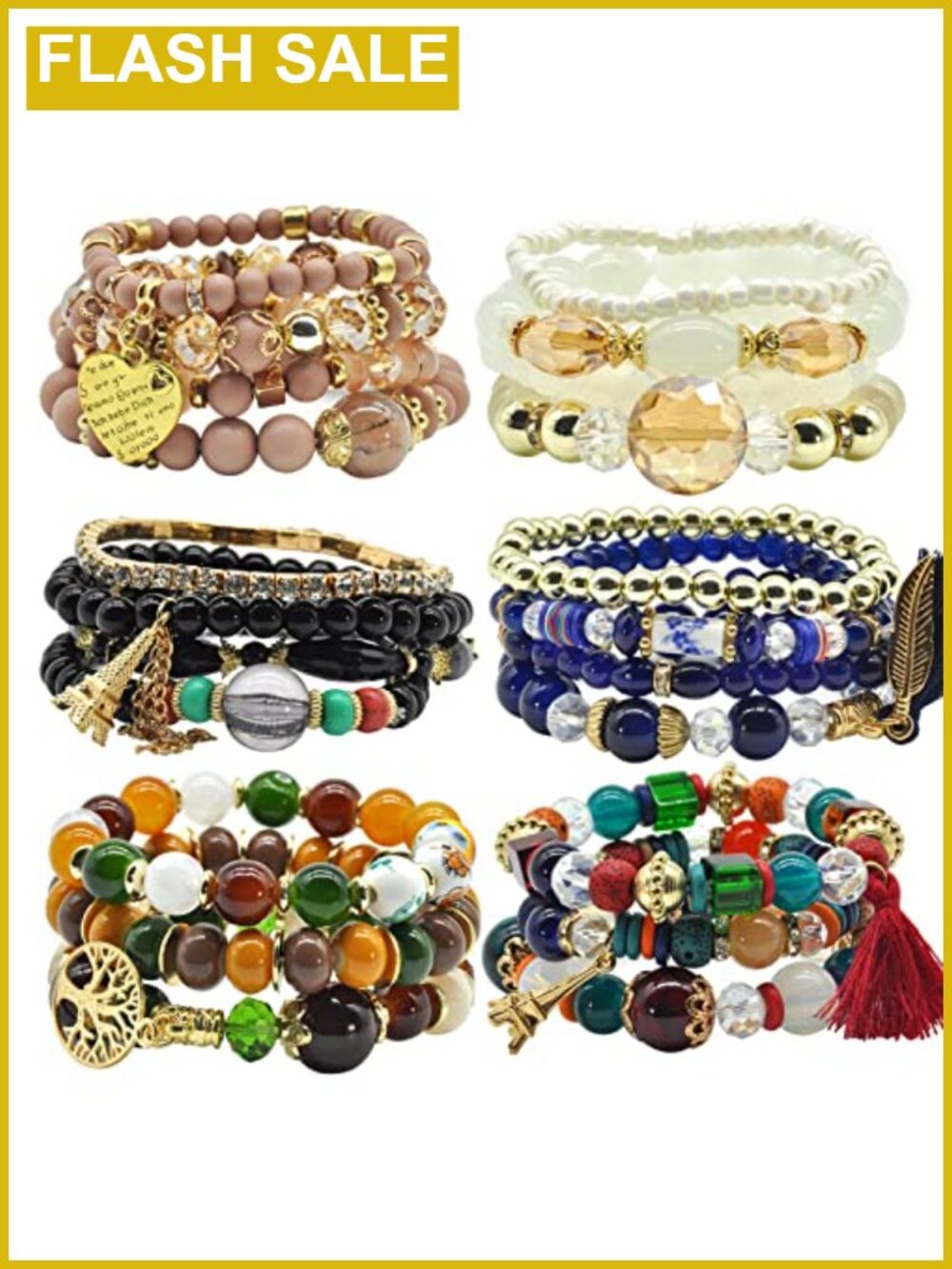 Bohemian Stackable Stretch Bracelets Set - 6 Pack Multi-Color Boho Jewelry for